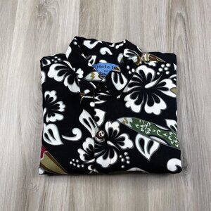 HOLO HOLO HAWAIIAN SHIRT MENS L SURFBOARDS BLUE WHITE HIBISCUS BUTTON UP